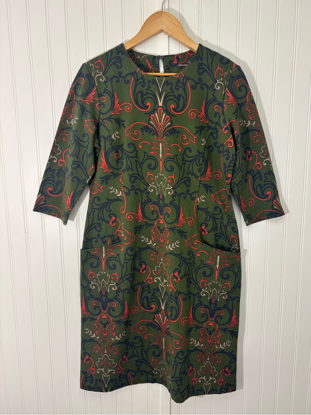 J. McLaughlin Green Paisley Print Sheath Dress 3/4 Sleeve Size L